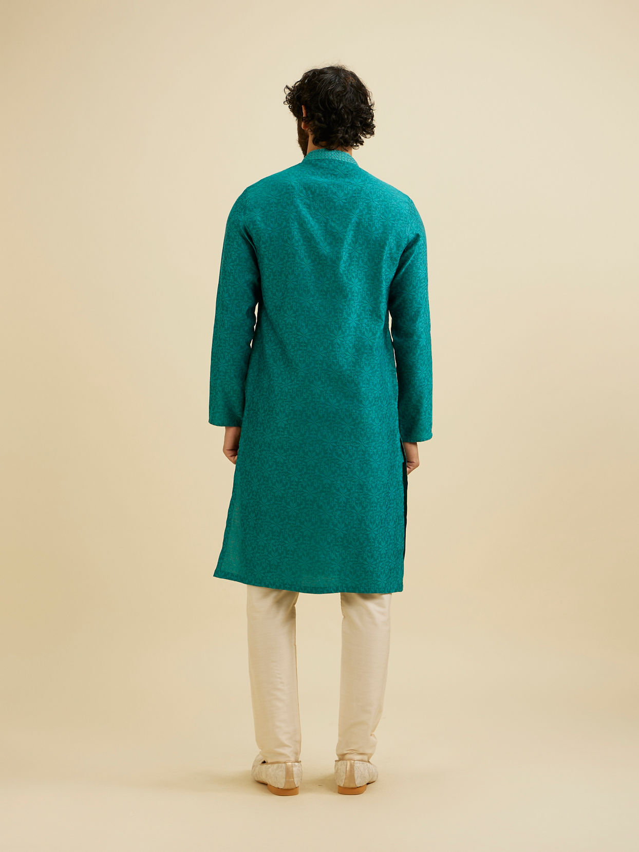 Manyavar Men Teal Green Floral Jaal Patterned Kurta Set