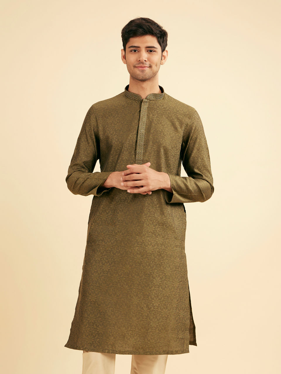 Manyavar Men Olive Green Festive Kurta Pajama
