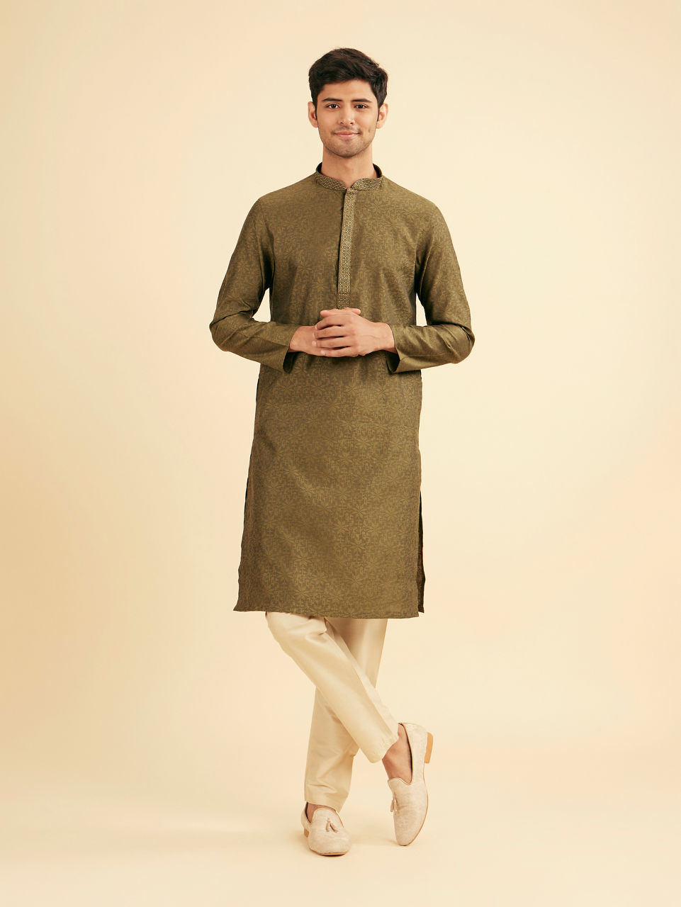 Manyavar Men Olive Green Festive Kurta Pajama