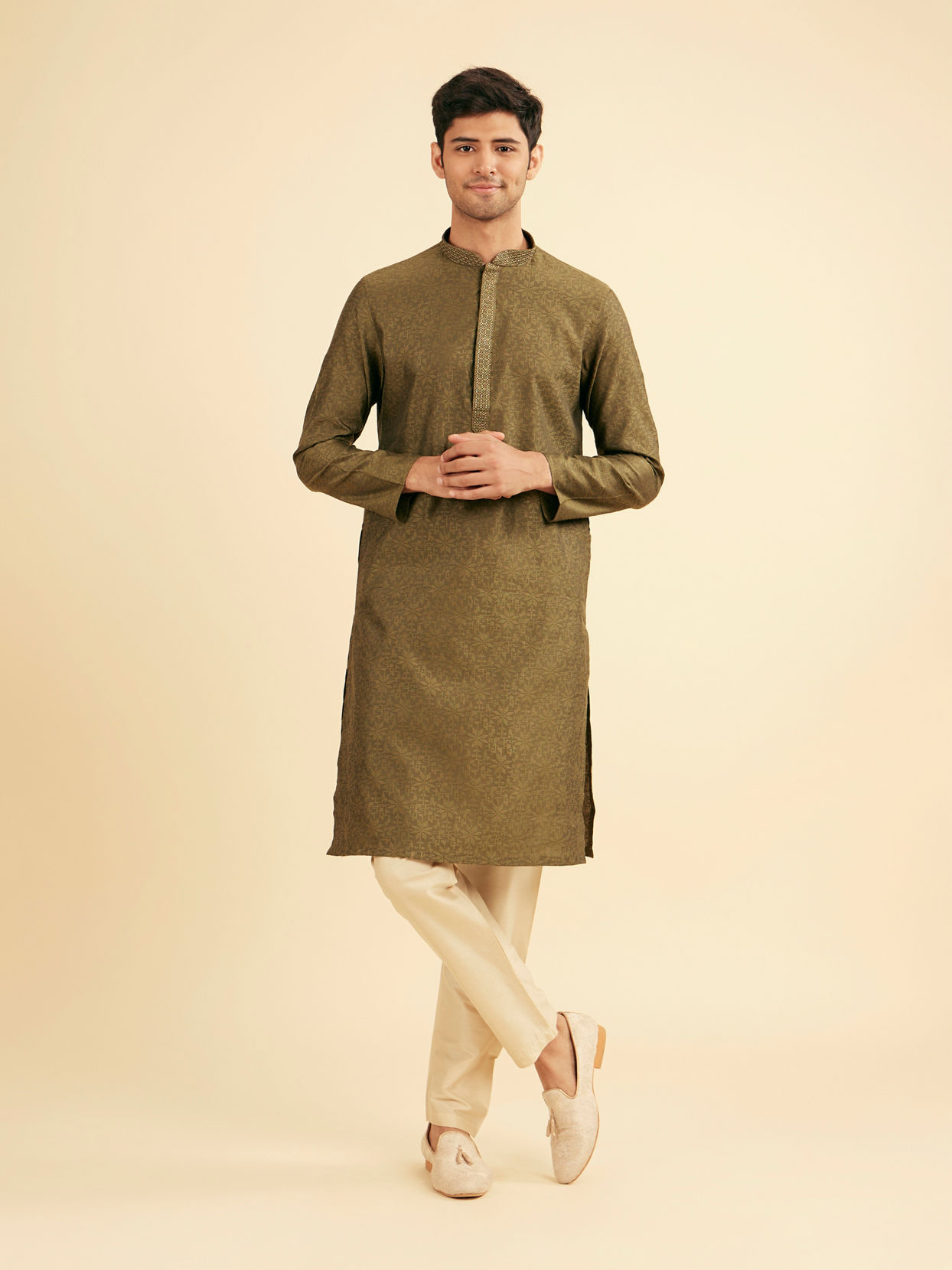 Manyavar Men Olive Green Festive Kurta Pajama
