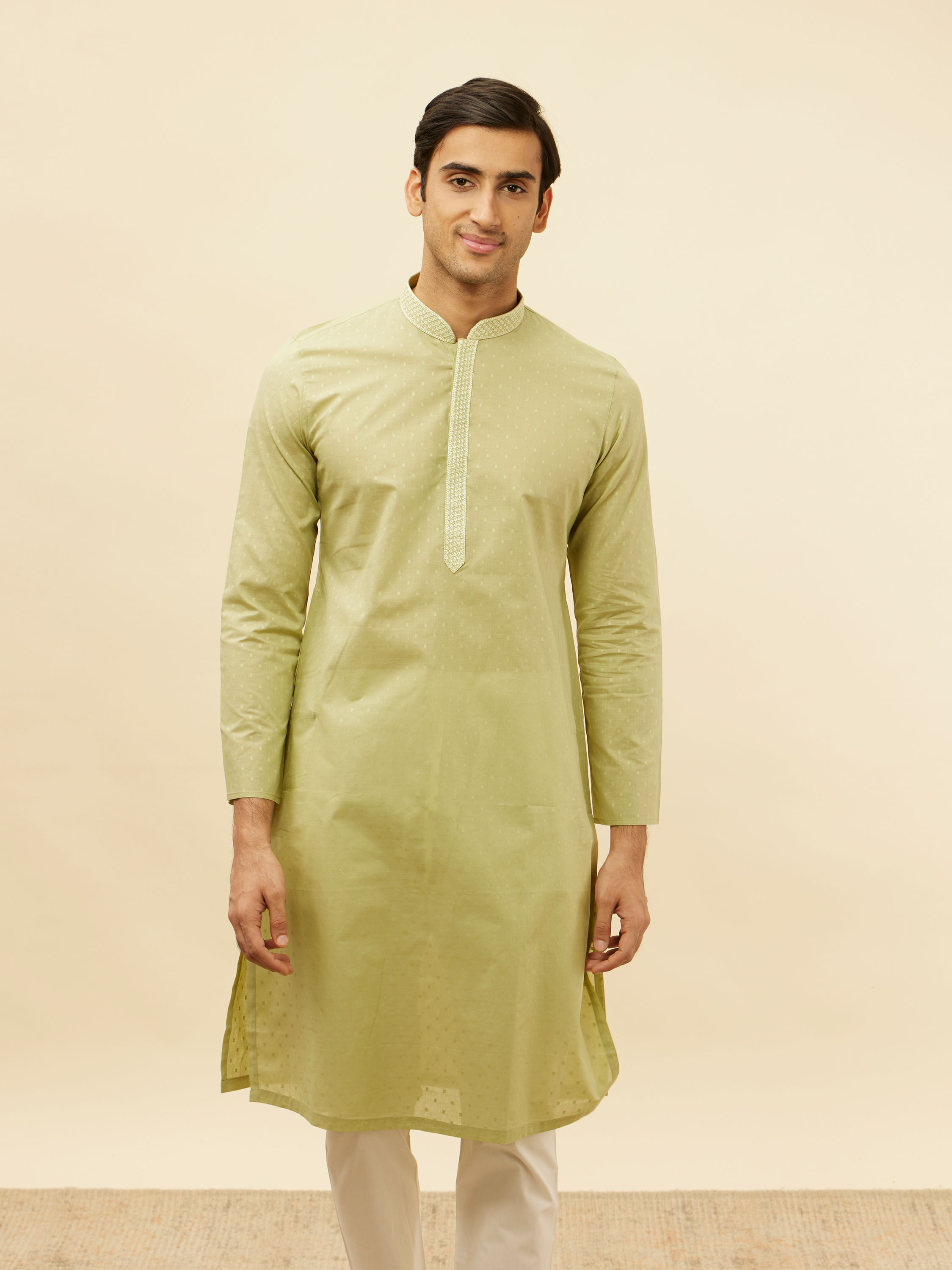 Manyavar Men Apple Green Speck Patterned Kurta Set