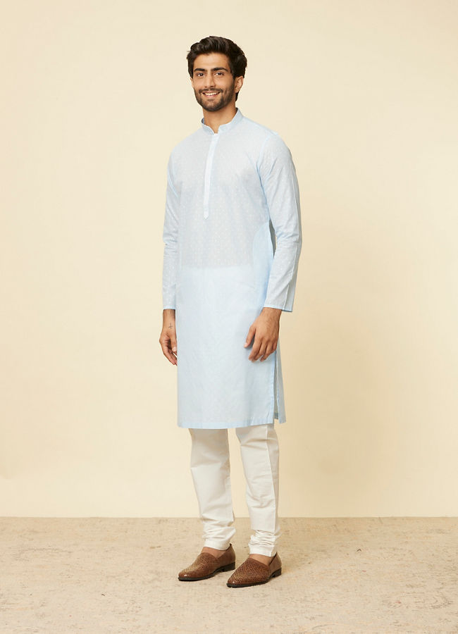 alt message - Manyavar Men Light Blue Polka Dot Printed Kurta Set image number 2