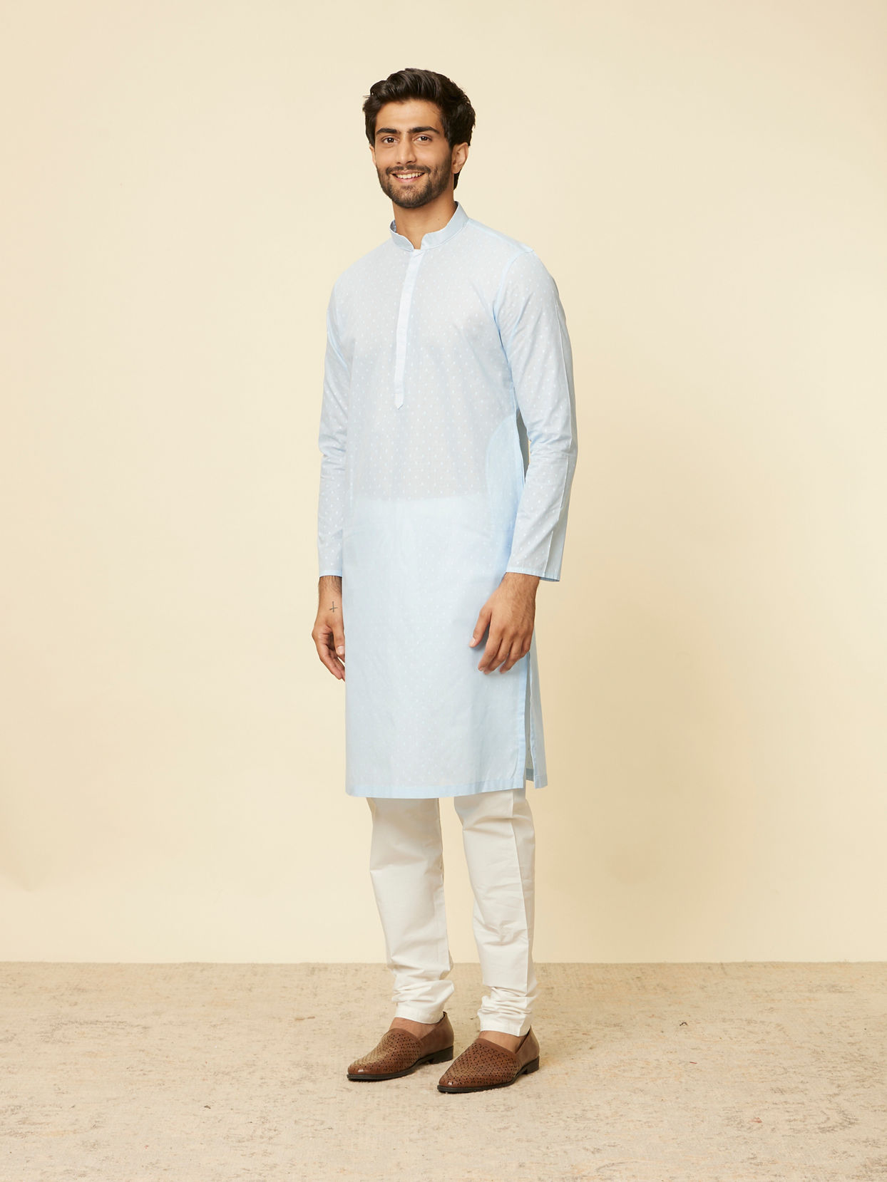 Manyavar Men Light Blue Polka Dot Printed Kurta Set