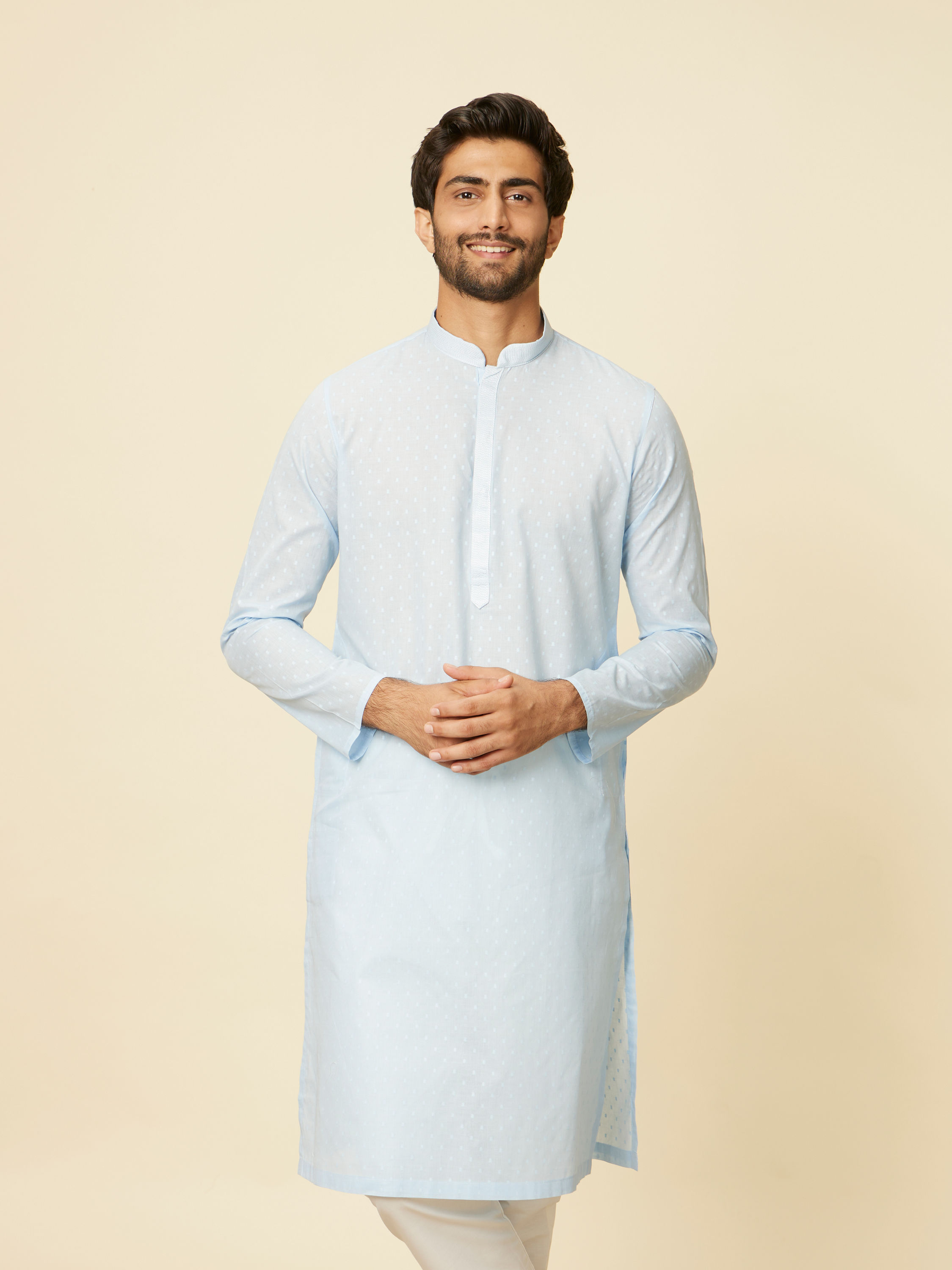 Manyavar Men Light Blue Polka Dot Printed Kurta Set