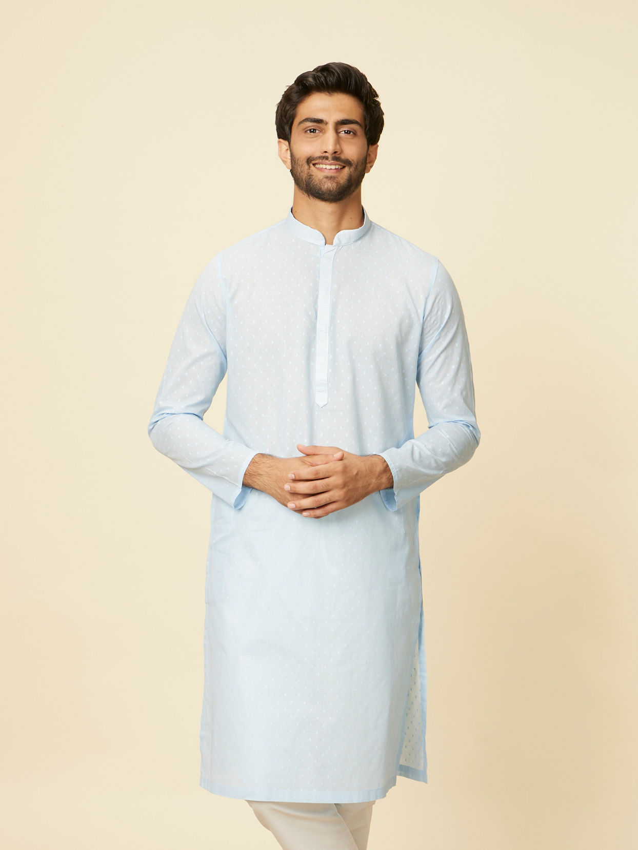 alt message - Manyavar Men Light Blue Polka Dot Printed Kurta Set image number 0