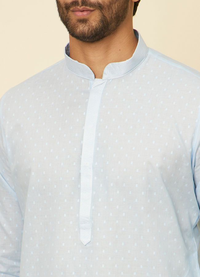 alt message - Manyavar Men Light Blue Polka Dot Printed Kurta Set image number 1