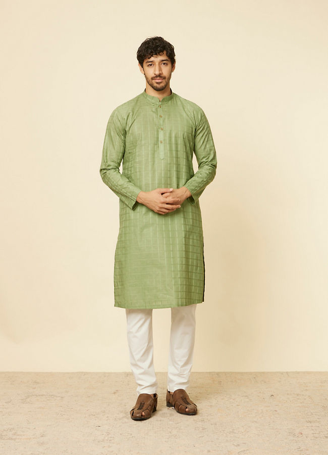 Manyavar Men Moss Green Chequered Patterned Kurta Set image number 2