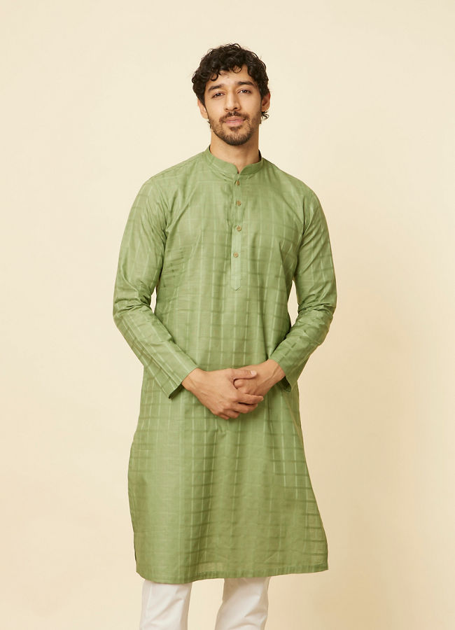 Manyavar Men Moss Green Chequered Patterned Kurta Set image number 0