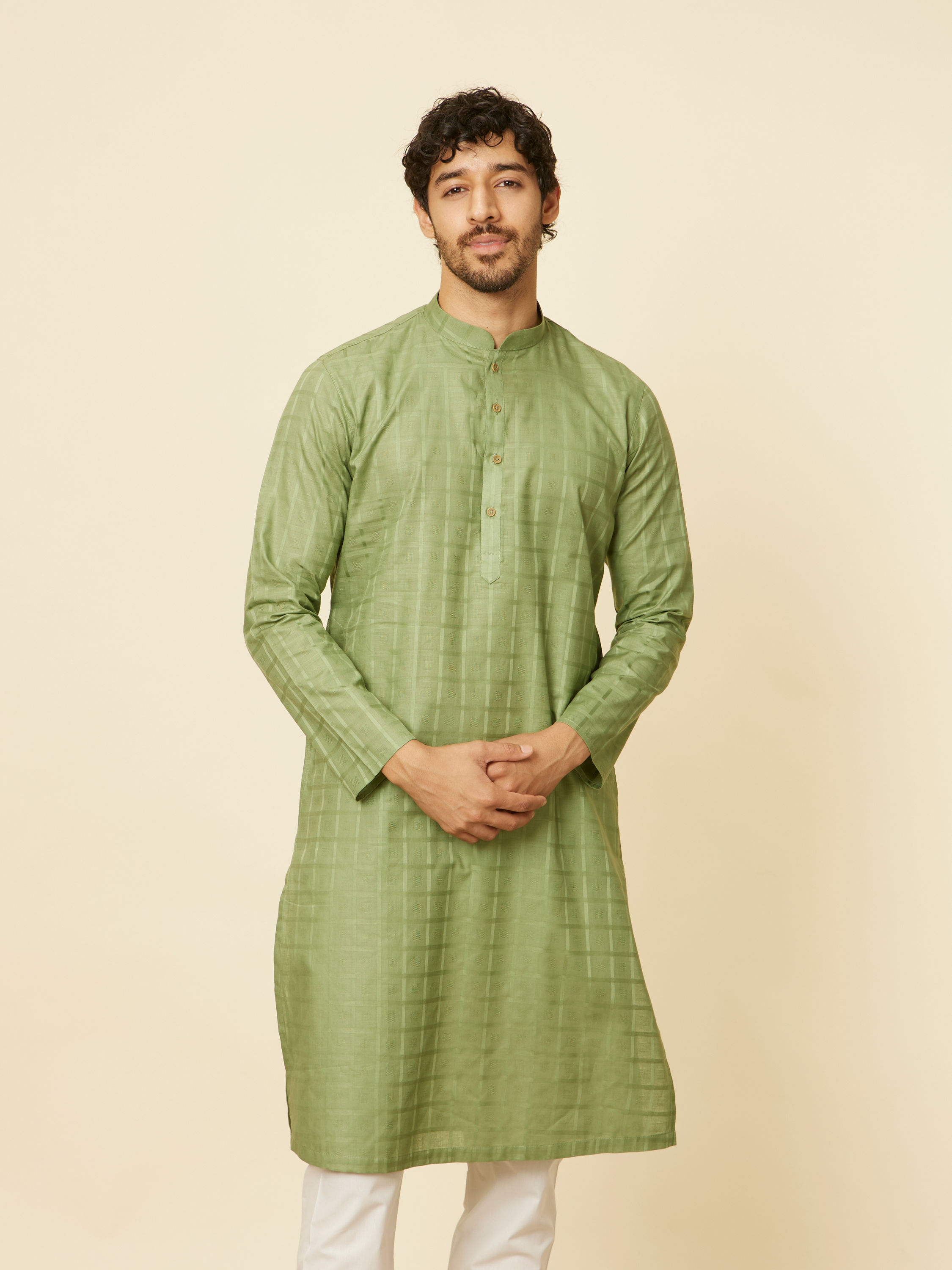 Manyavar Men Moss Green Chequered Patterned Kurta Set