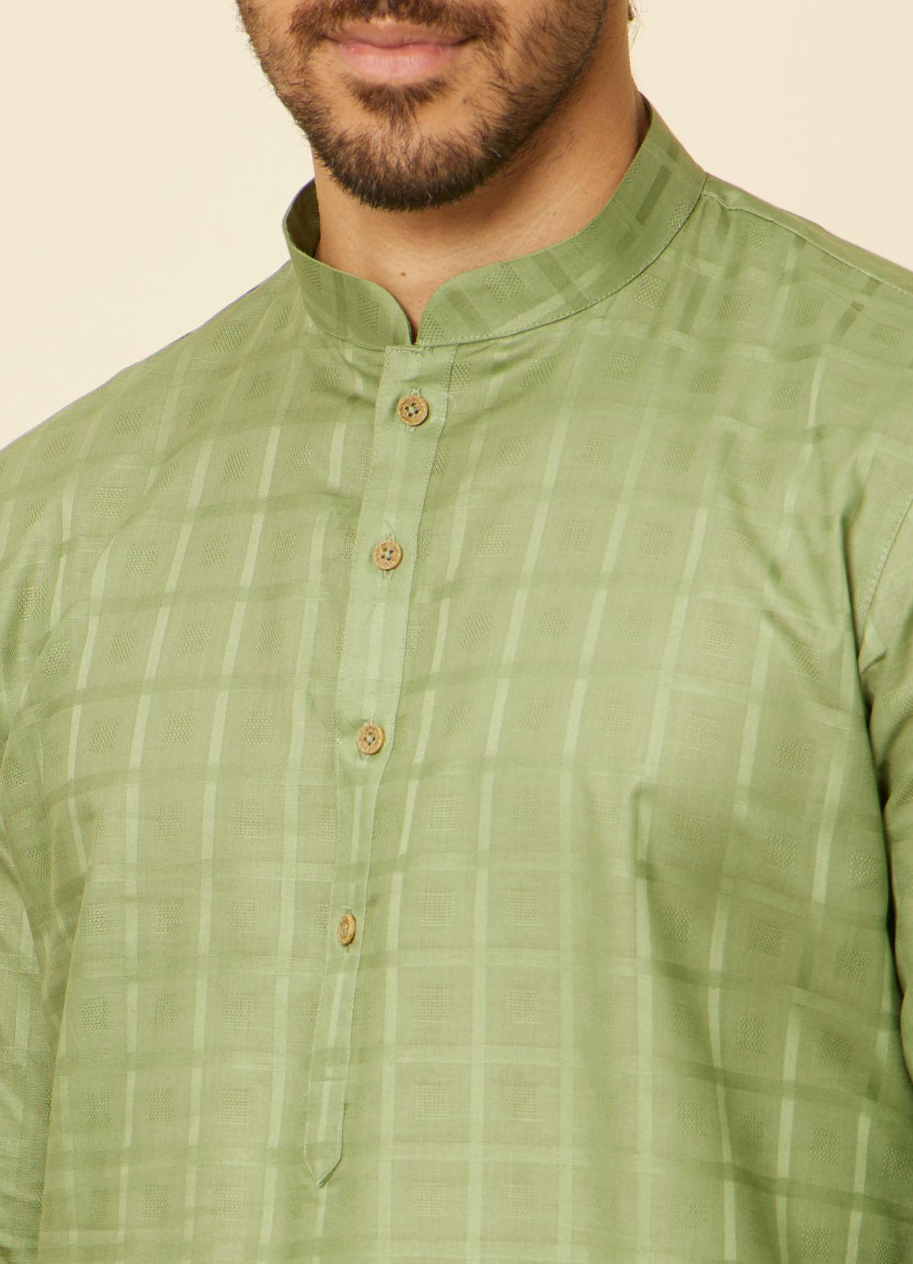 Manyavar Men Moss Green Chequered Patterned Kurta Set