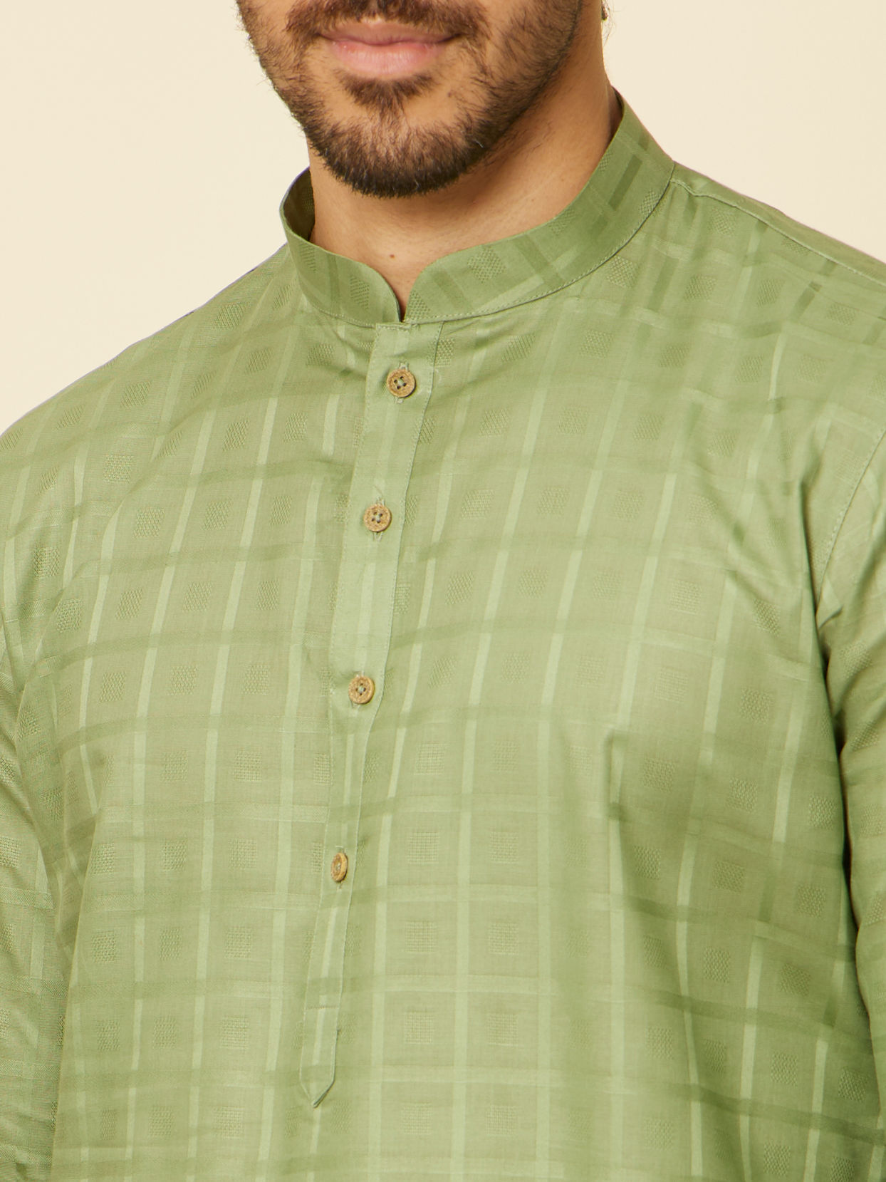 Manyavar Men Moss Green Chequered Patterned Kurta Set