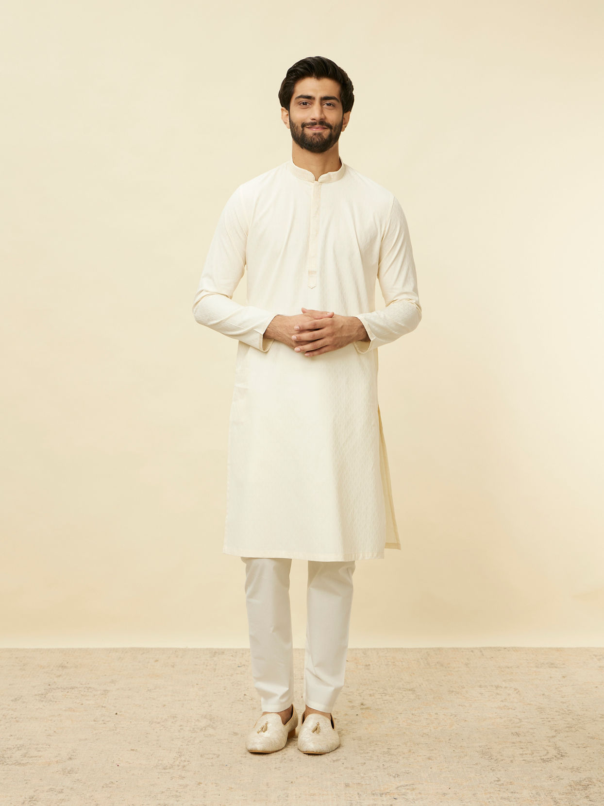 Manyavar Men Delicate White Embroidered Neckline Kurta Set