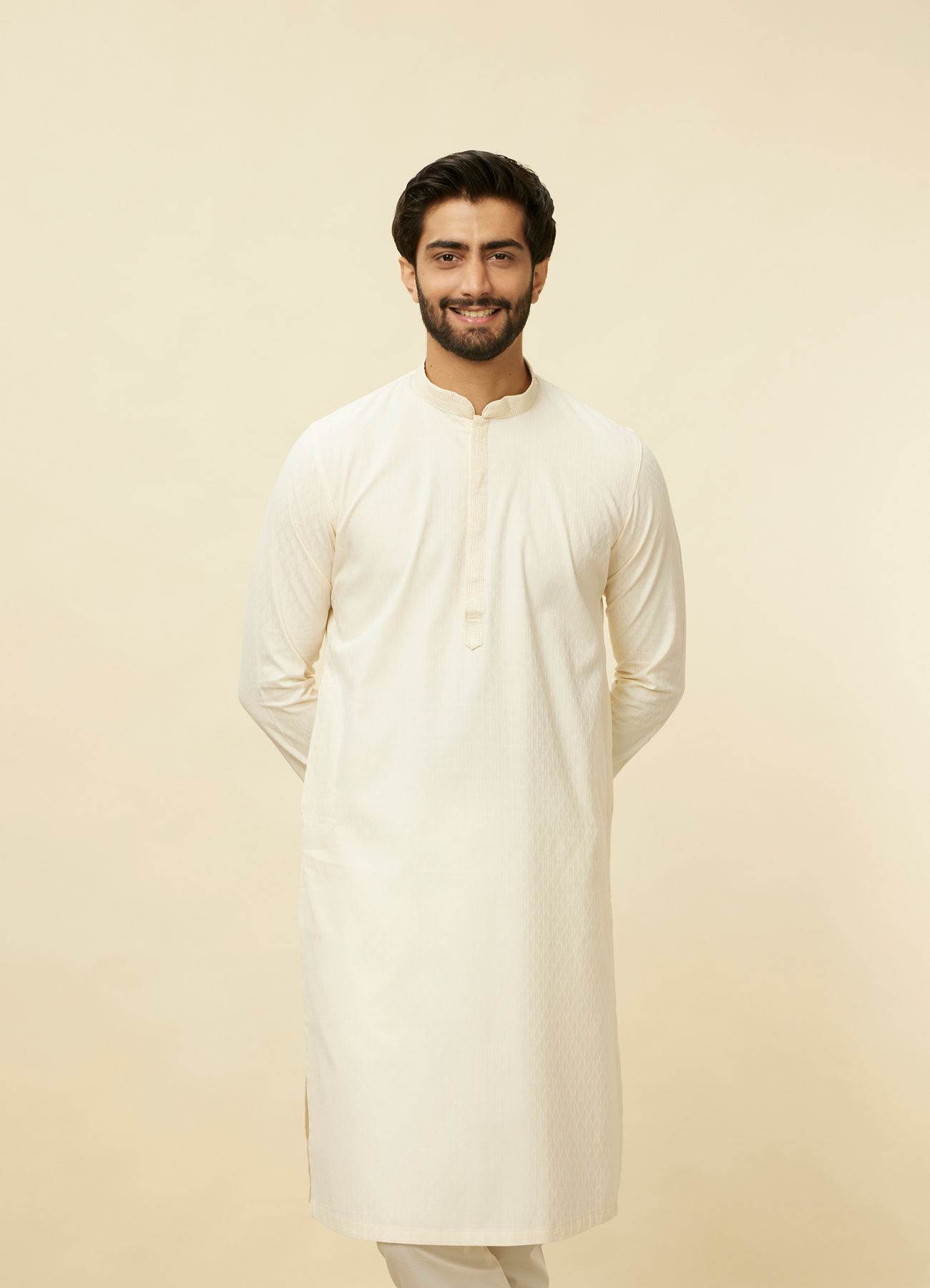 Manyavar Men Delicate White Embroidered Neckline Kurta Set