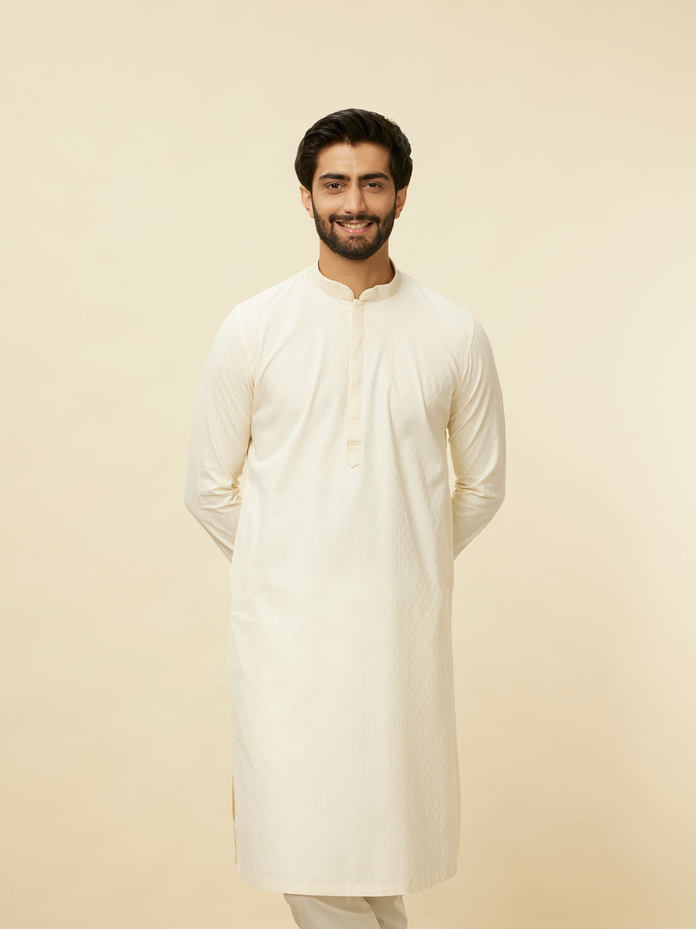 Manyavar Men Delicate White Embroidered Neckline Kurta Set