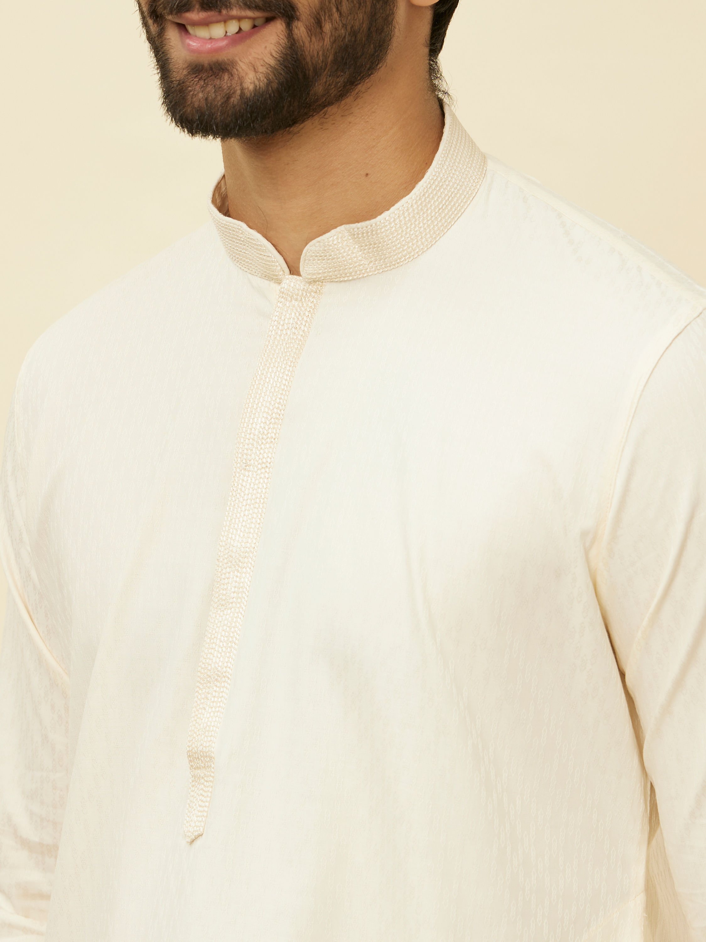 Manyavar Men Delicate White Embroidered Neckline Kurta Set