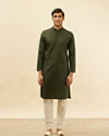 alt message - Manyavar Men Dark Green Self Patterned Kurta Set image number 2