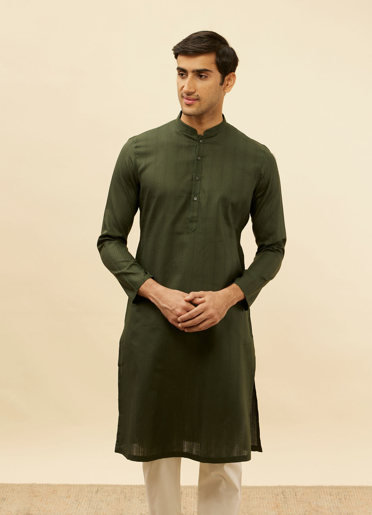 Manyavar Men Dark Green Self Patterned Kurta Set