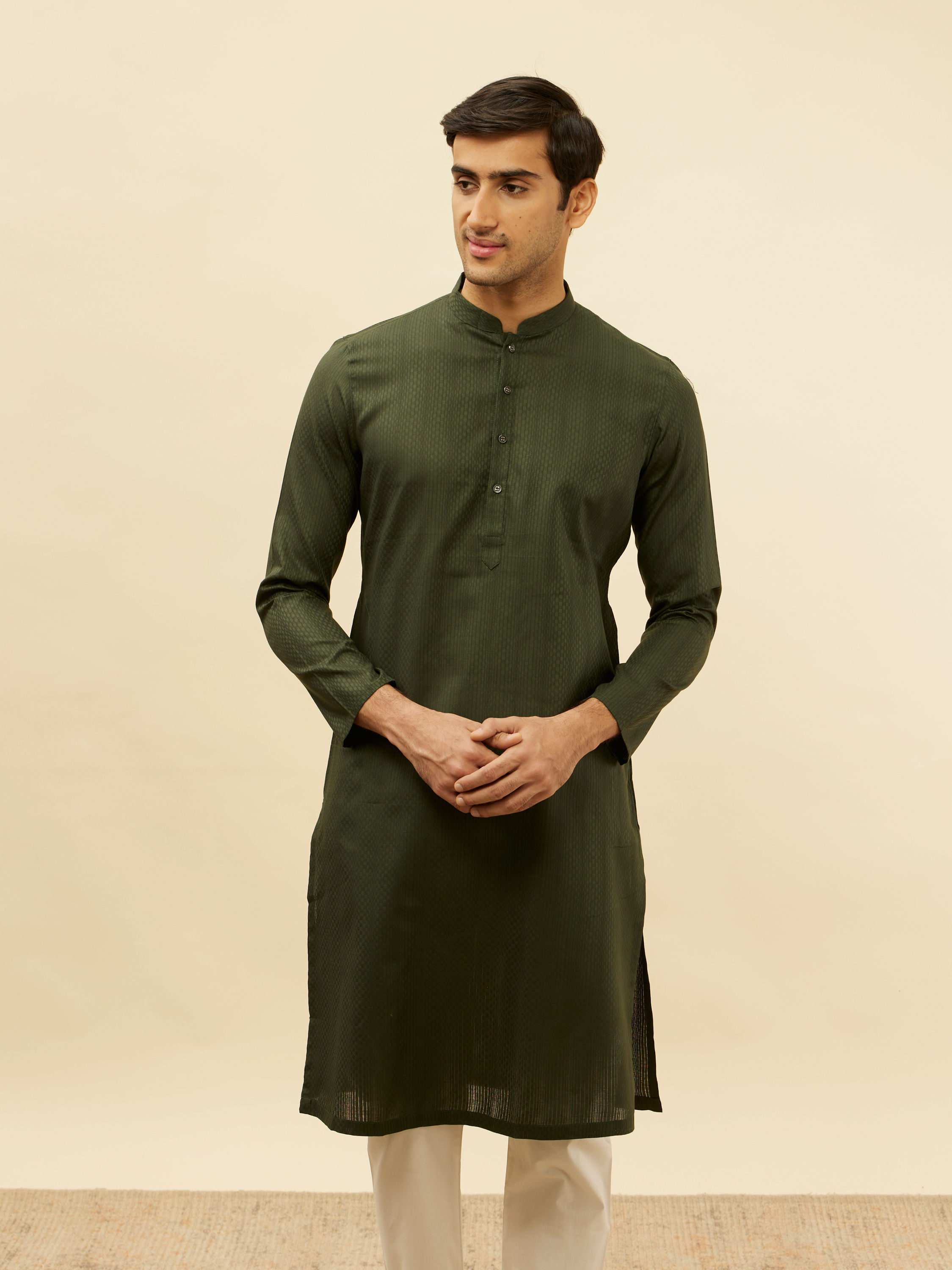 Manyavar Men Dark Green Self Patterned Kurta Set