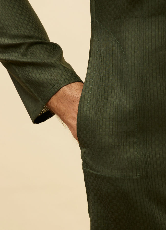 Manyavar Men Dark Green Self Patterned Kurta Set