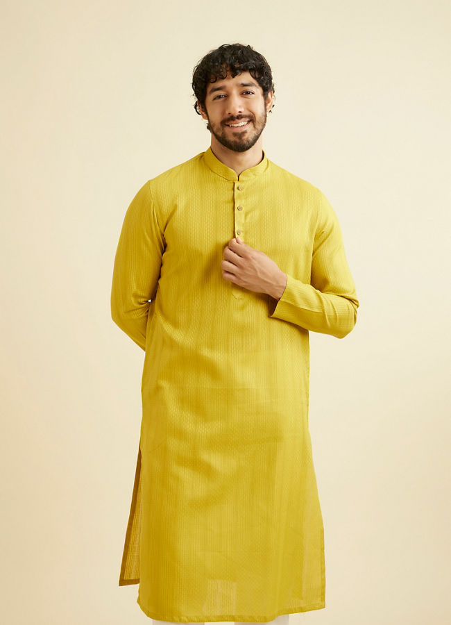 Manyavar Men Mehndi Green Self Patterned Kurta Set image number 0