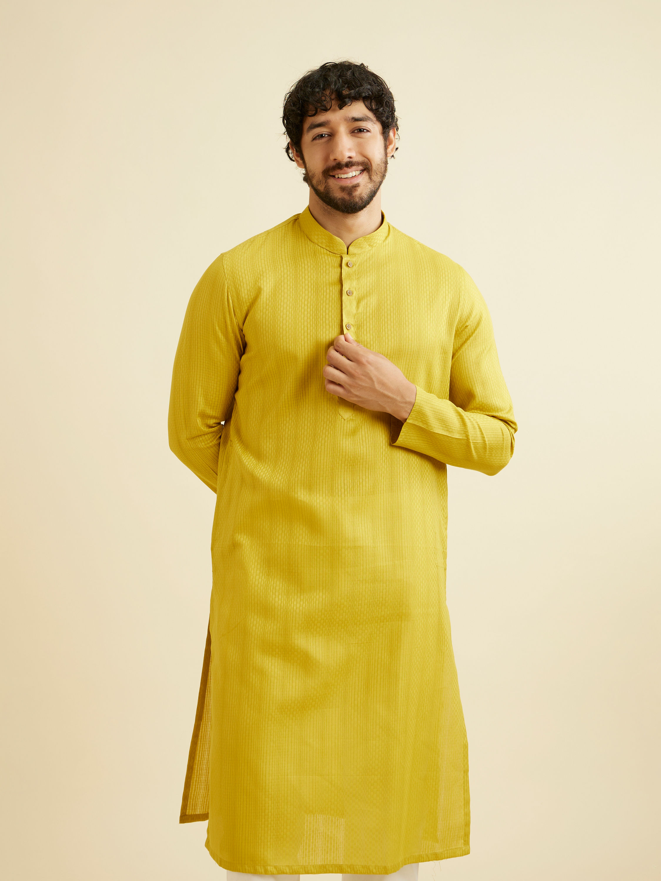 Manyavar Men Mehndi Green Self Patterned Kurta Set