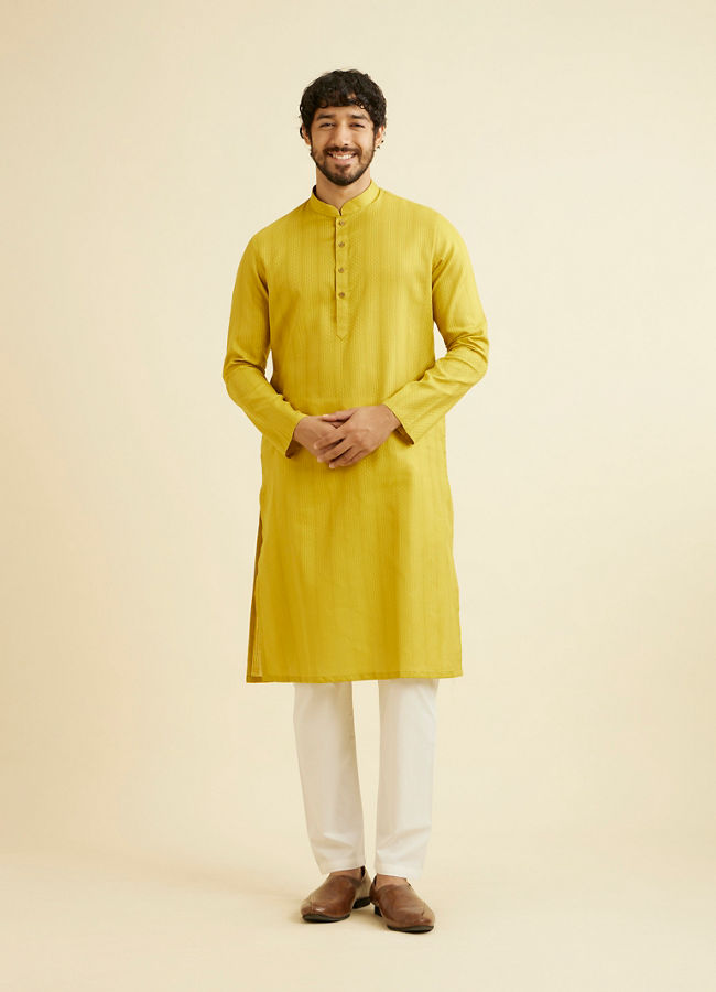 Manyavar Men Mehndi Green Self Patterned Kurta Set image number 2