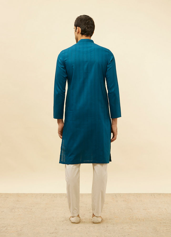 alt message - Manyavar Men Bright Blue Self Patterned Kurta Set image number 5