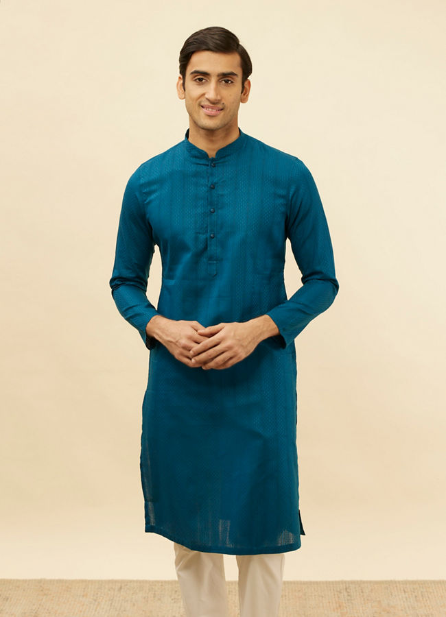 alt message - Manyavar Men Bright Blue Self Patterned Kurta Set image number 0