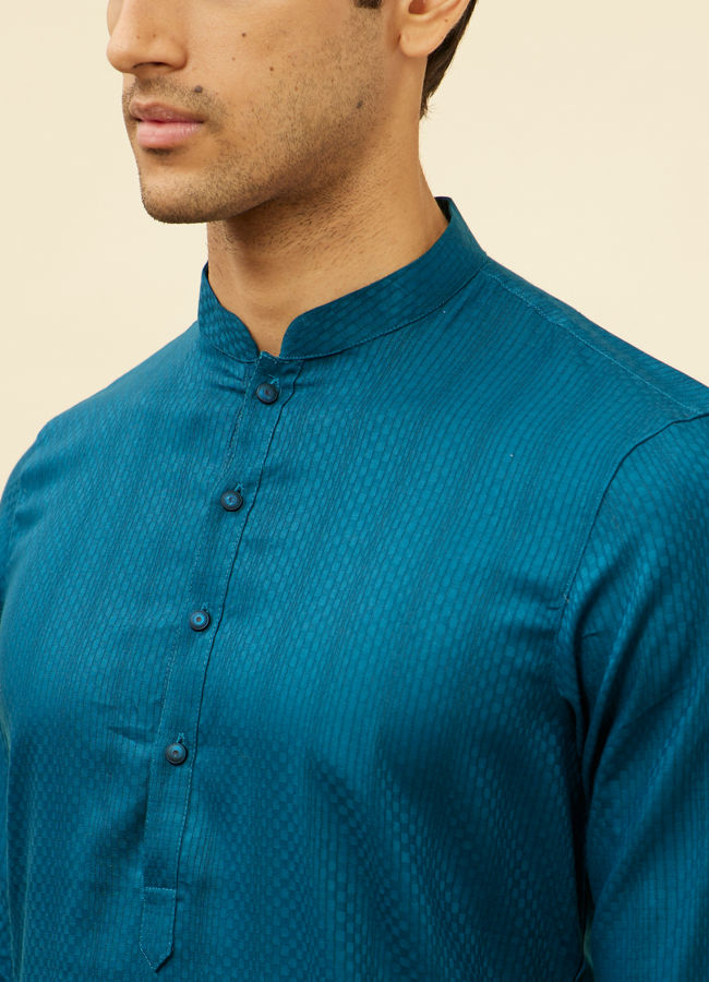 alt message - Manyavar Men Bright Blue Self Patterned Kurta Set image number 1