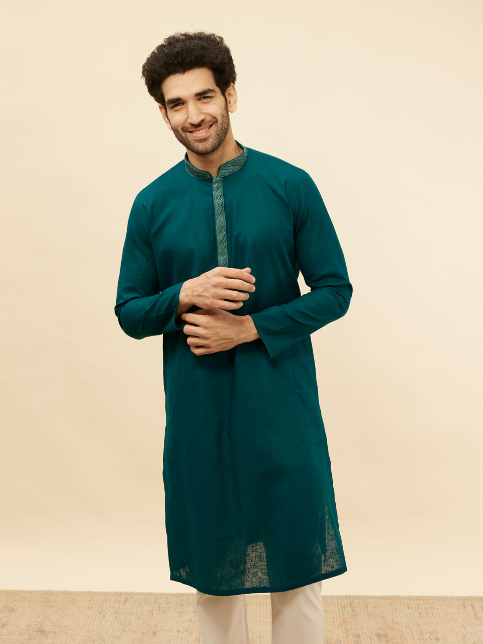Manyavar Men Teal Blue Embroidered Neckline Kurta Set