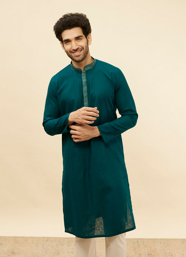 Manyavar Men Teal Blue Embroidered Neckline Kurta Set