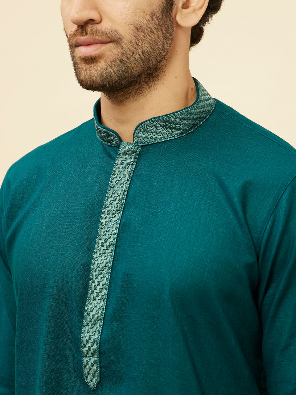 Manyavar Men Teal Blue Embroidered Neckline Kurta Set