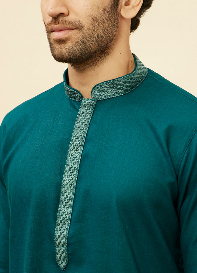 Manyavar Men Teal Blue Embroidered Neckline Kurta Set