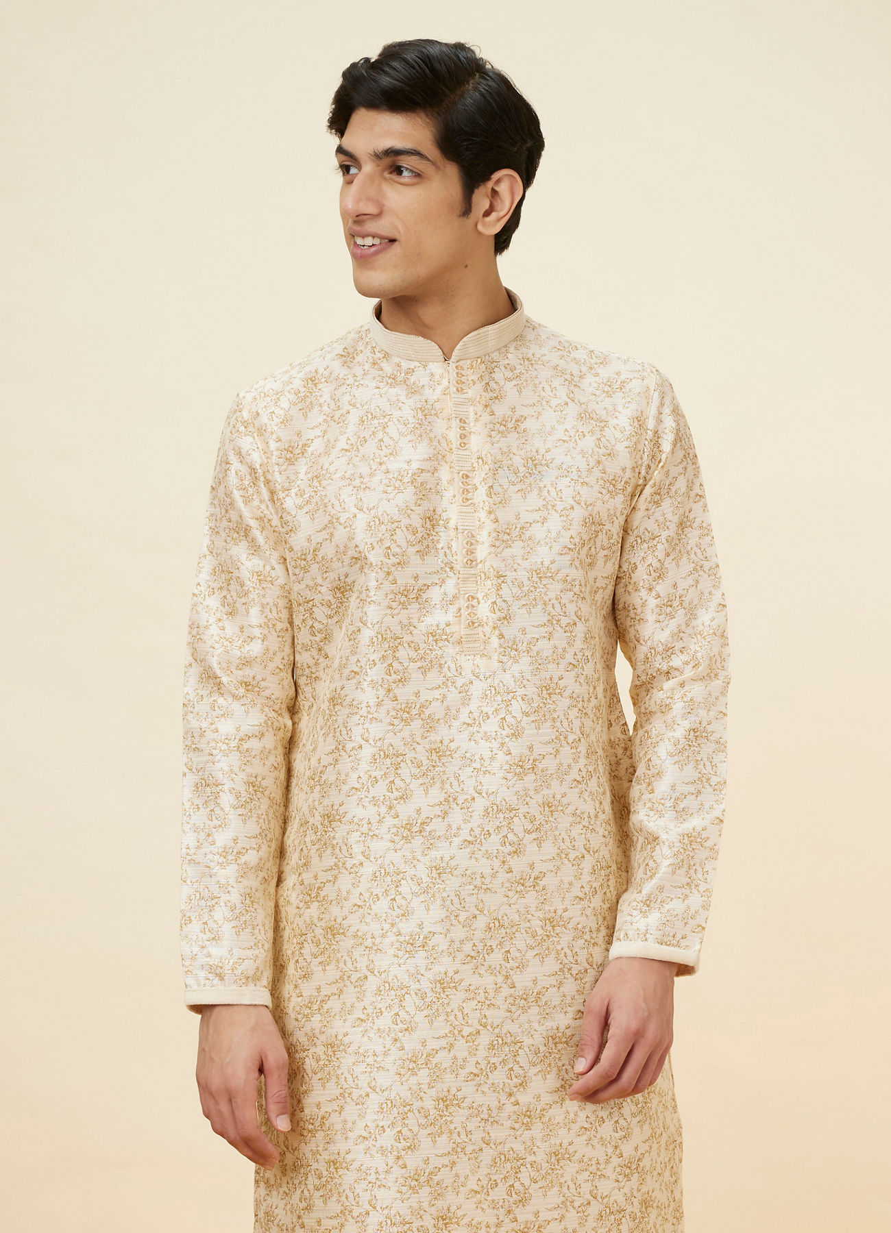 Manyavar Men Biscuit Beige Bel Buti Printed Kurta Set