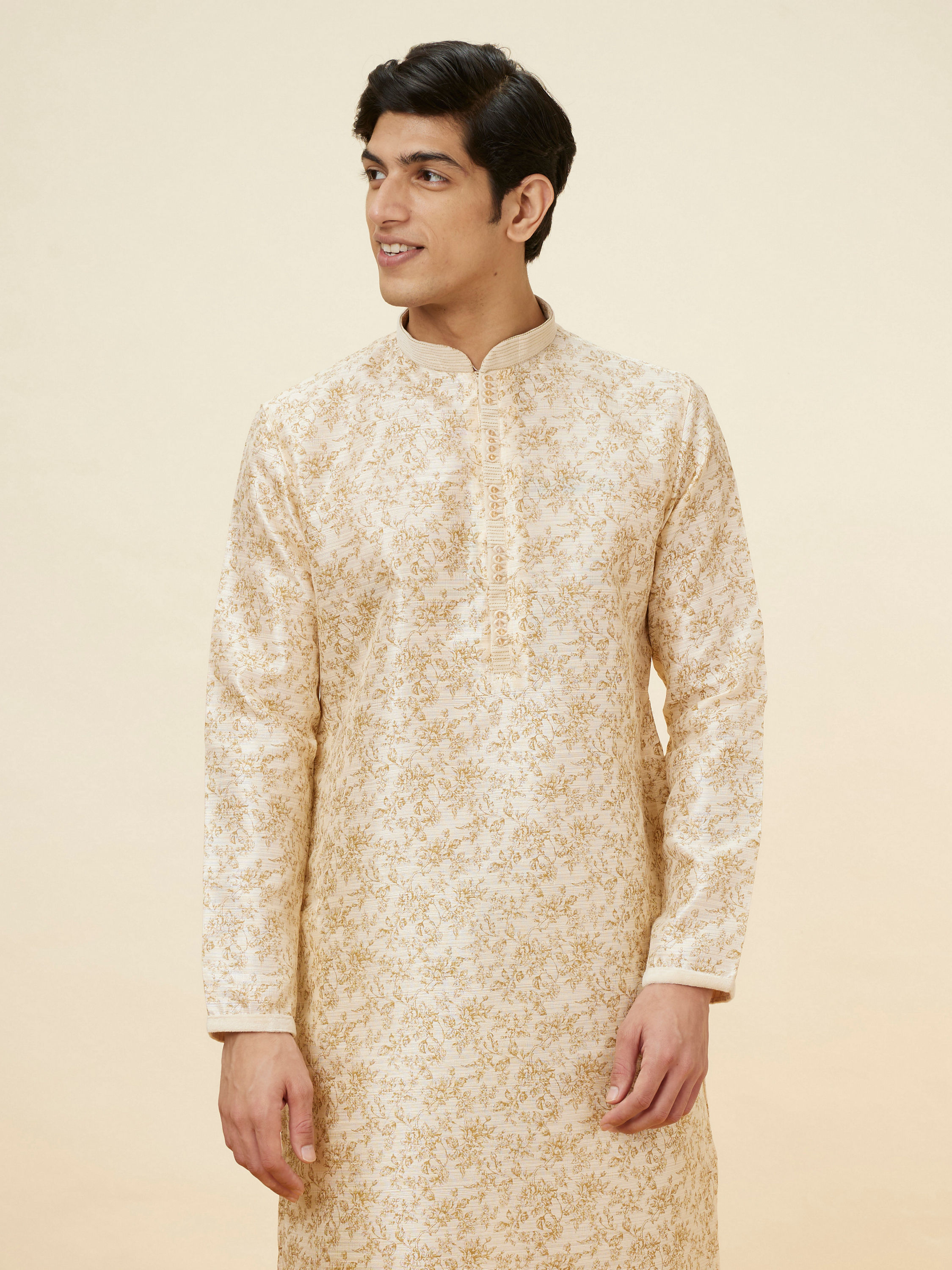 Manyavar Men Biscuit Beige Bel Buti Printed Kurta Set