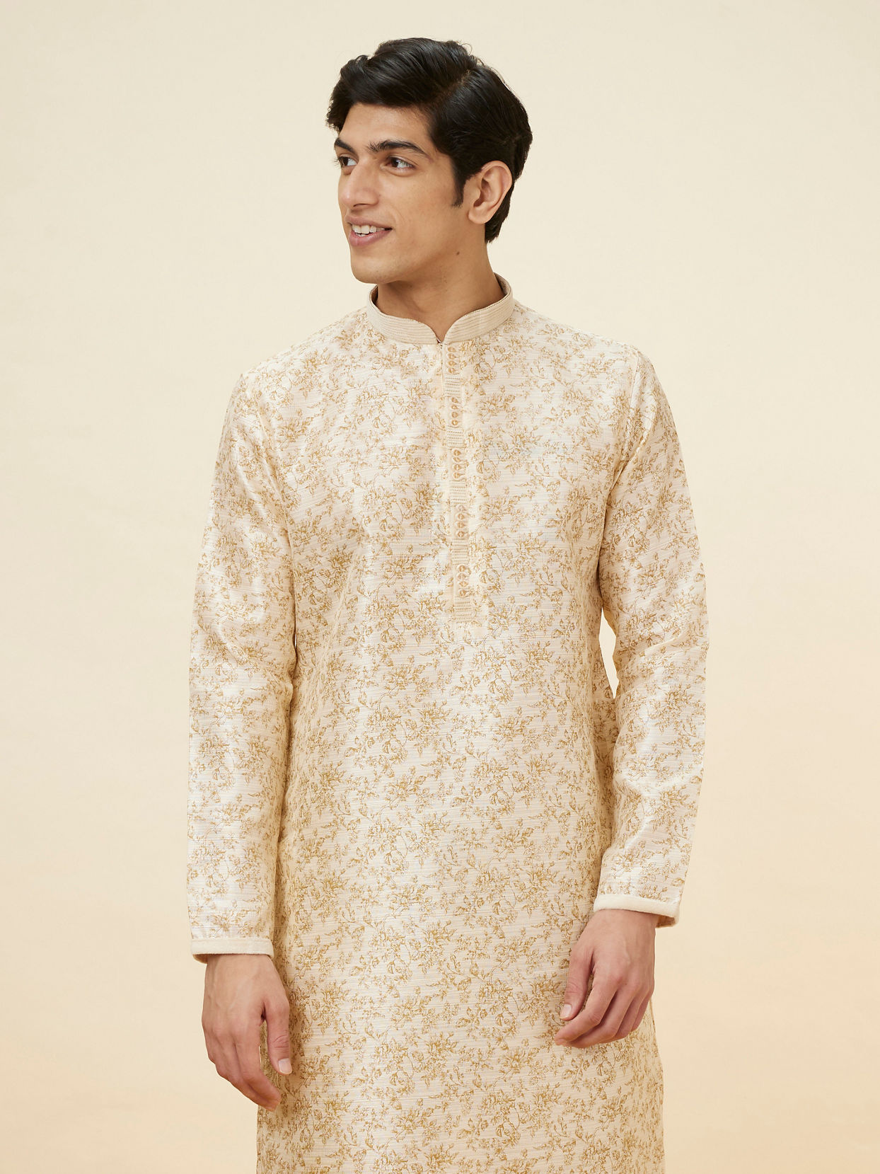 Manyavar Men Biscuit Beige Bel Buti Printed Kurta Set