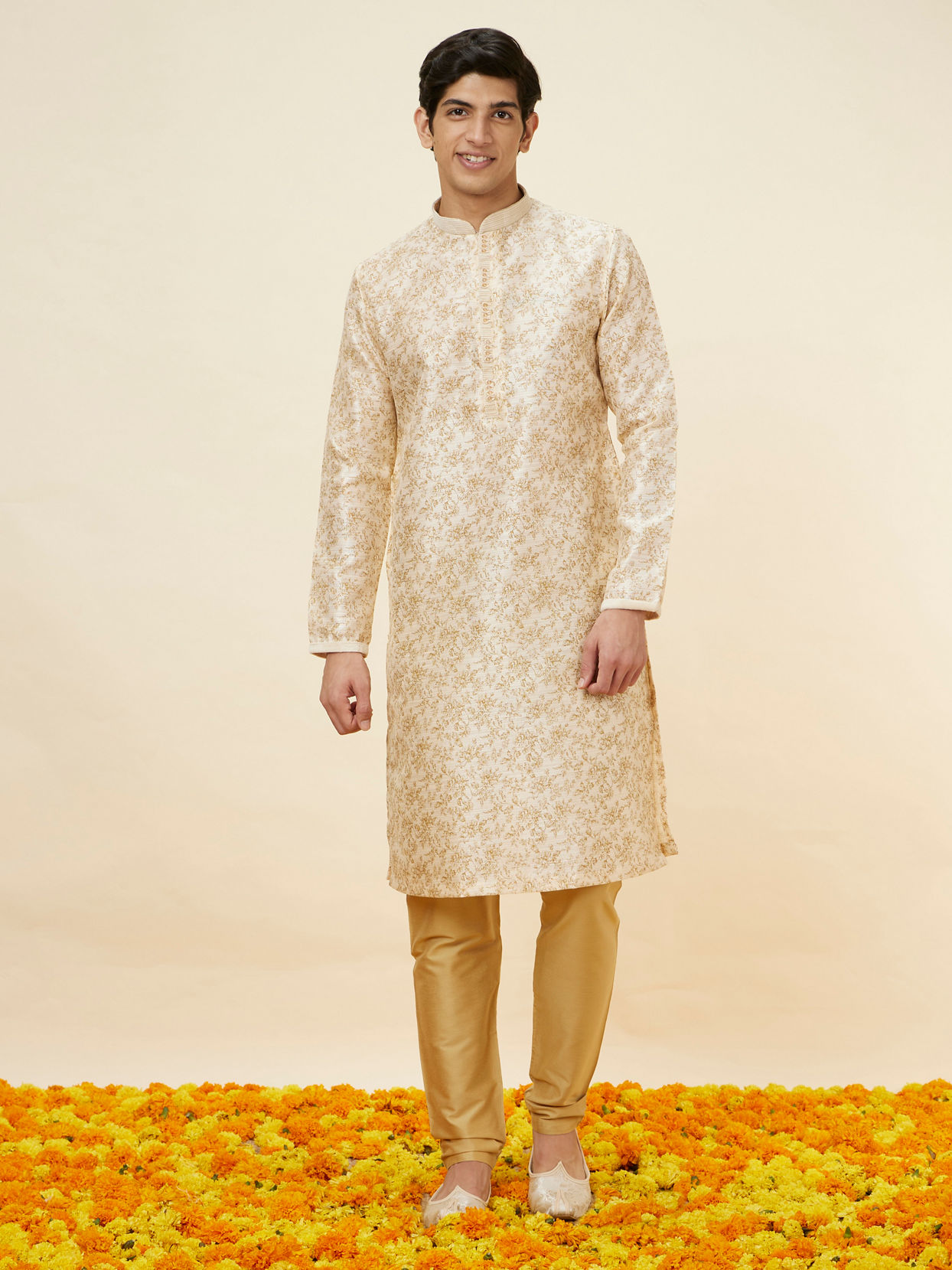 Manyavar Men Biscuit Beige Bel Buti Printed Kurta Set