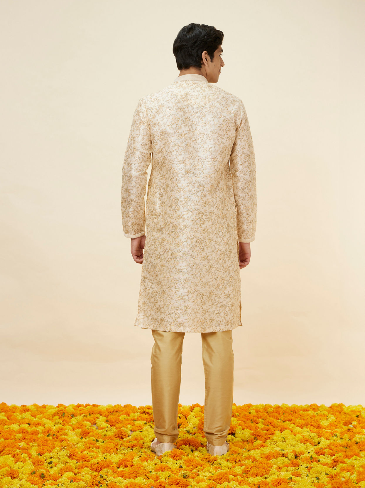 Manyavar Men Biscuit Beige Bel Buti Printed Kurta Set