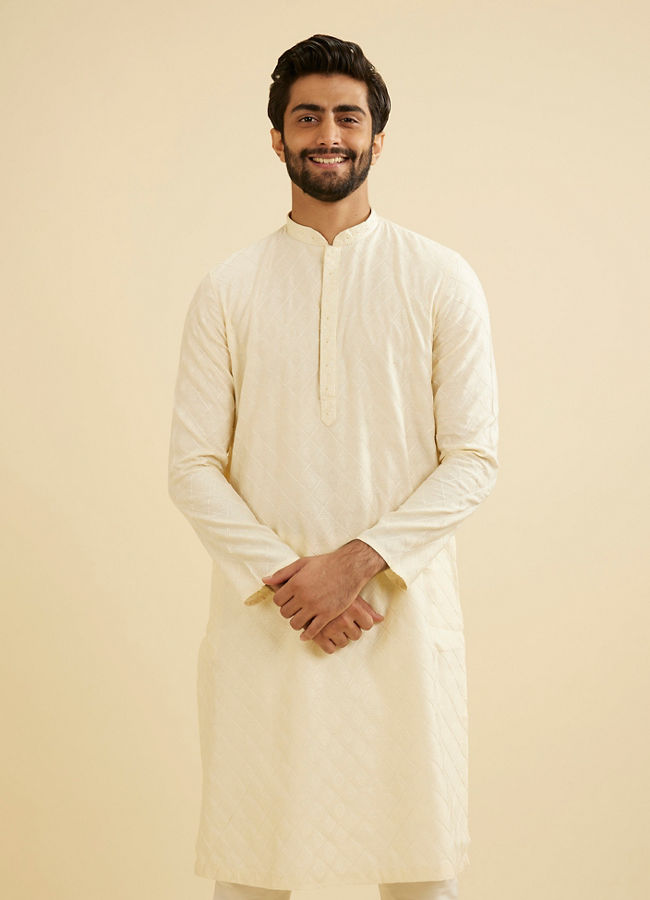 Manyavar Men Vanilla White Diamond Patterned Kurta Set