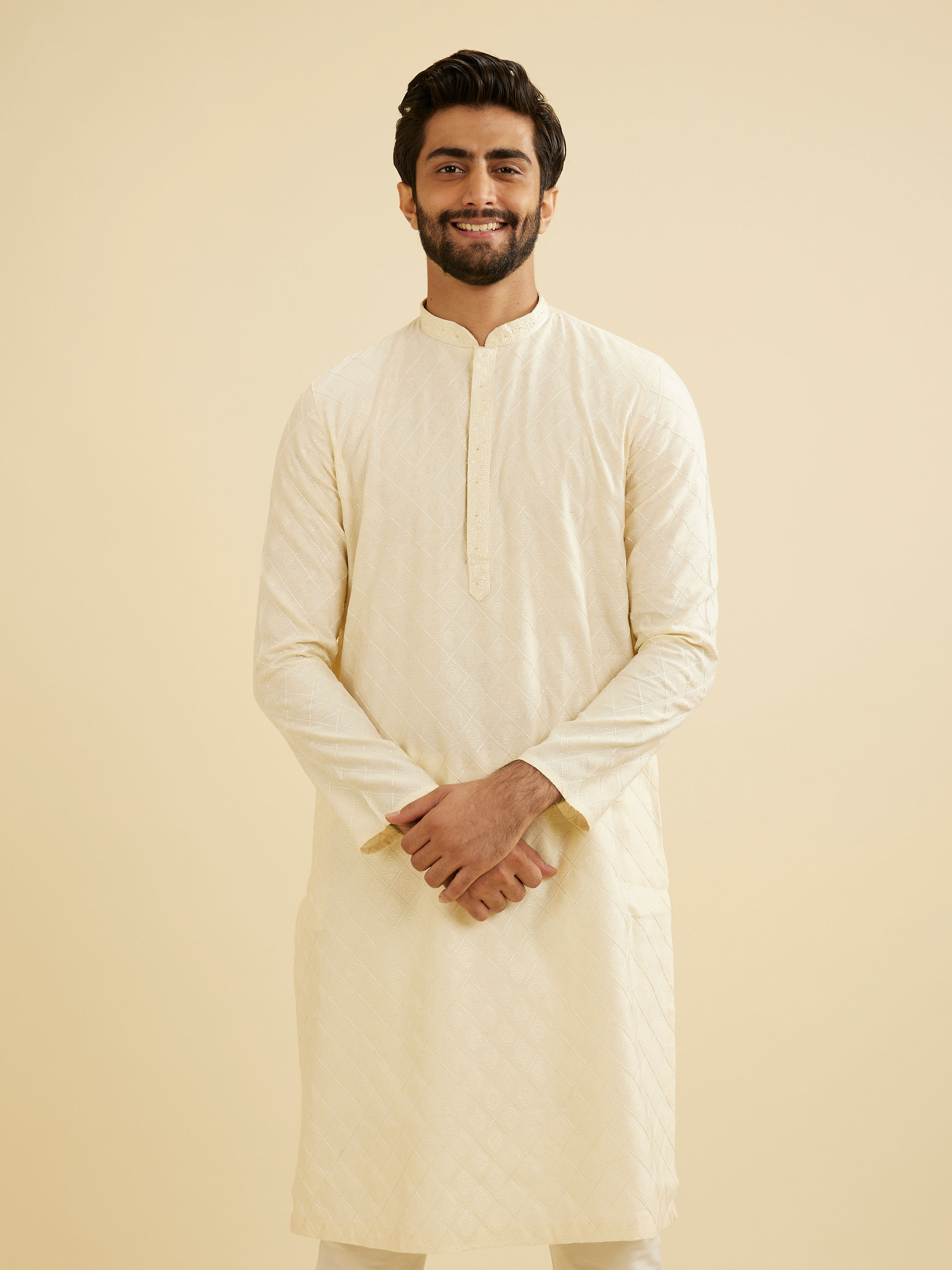 Manyavar Men Vanilla White Diamond Patterned Kurta Set