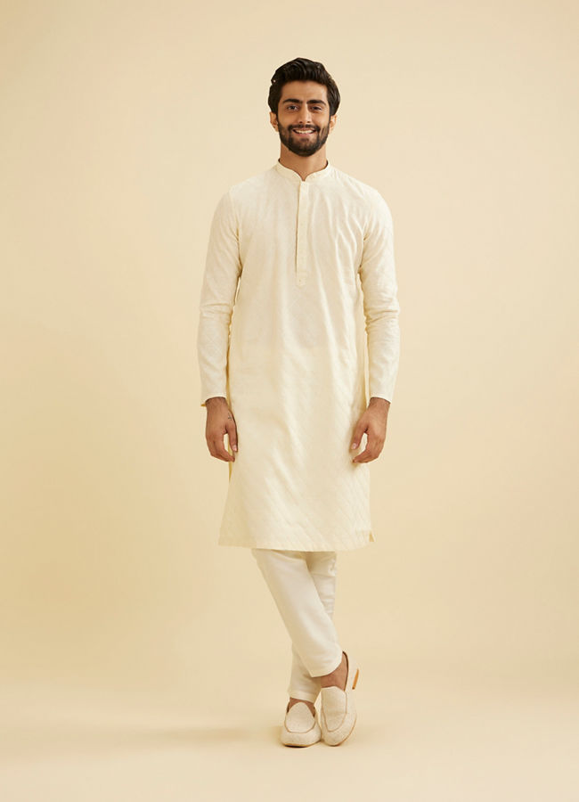 Manyavar Men Vanilla White Diamond Patterned Kurta Set