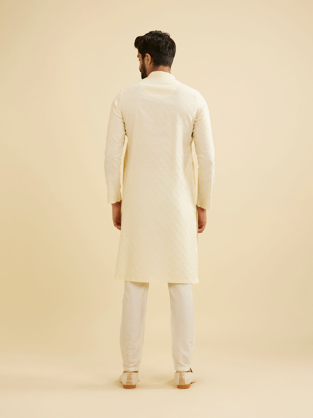 Manyavar Men Vanilla White Diamond Patterned Kurta Set