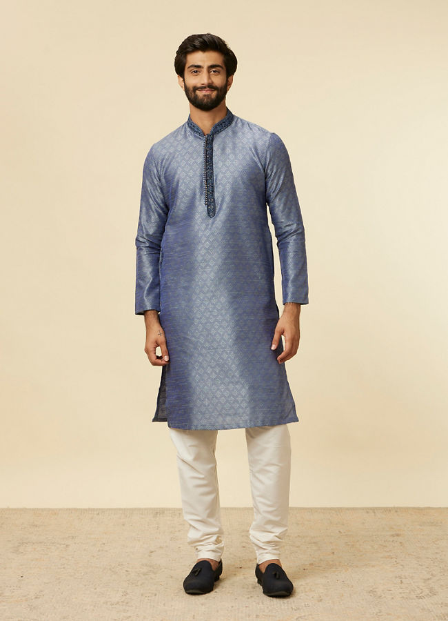 alt message - Manyavar Men Mid Blue Buta Diamond Patterned Kurta Set image number 2