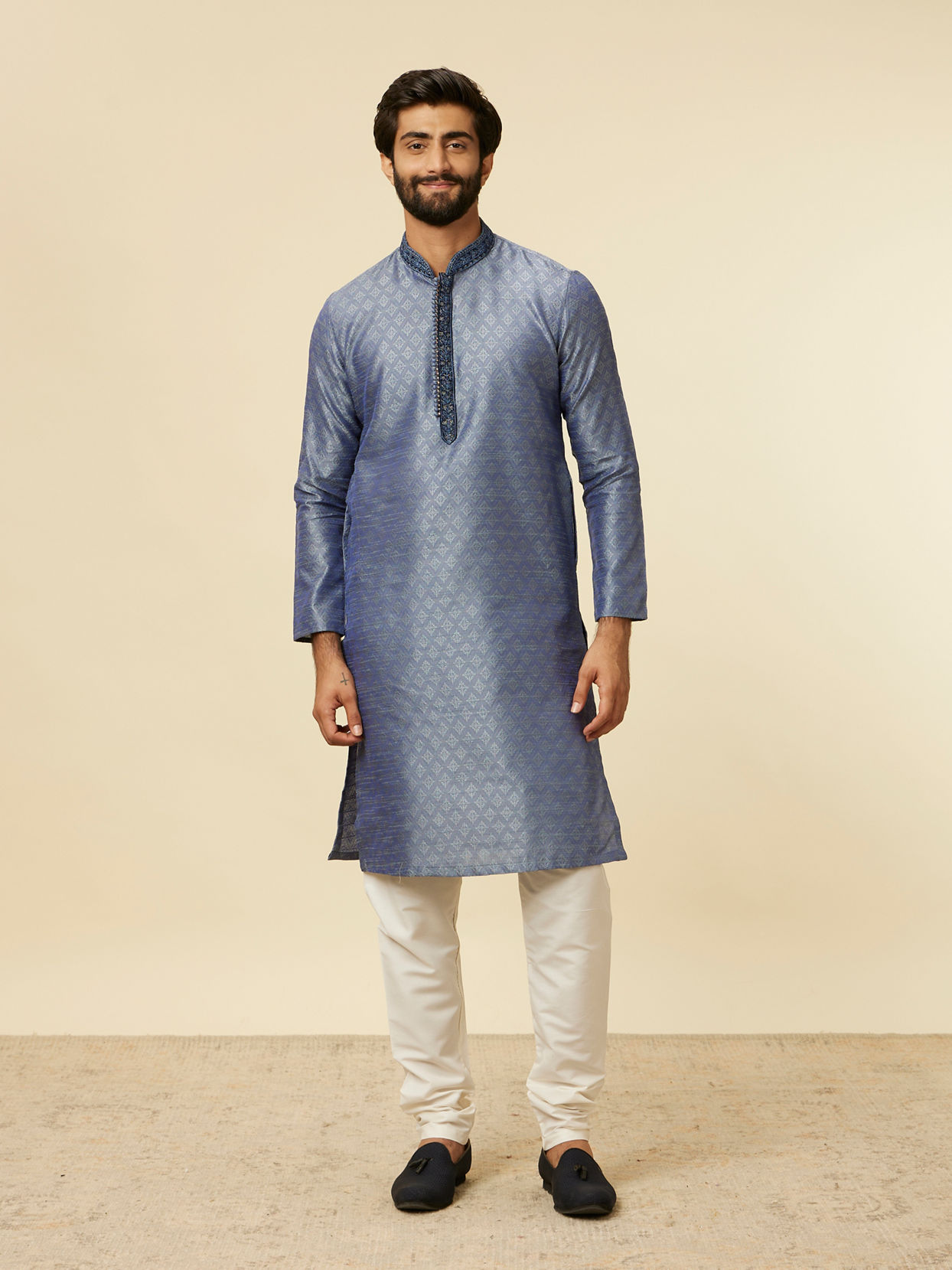 alt message - Manyavar Men Mid Blue Buta Diamond Patterned Kurta Set image number 2