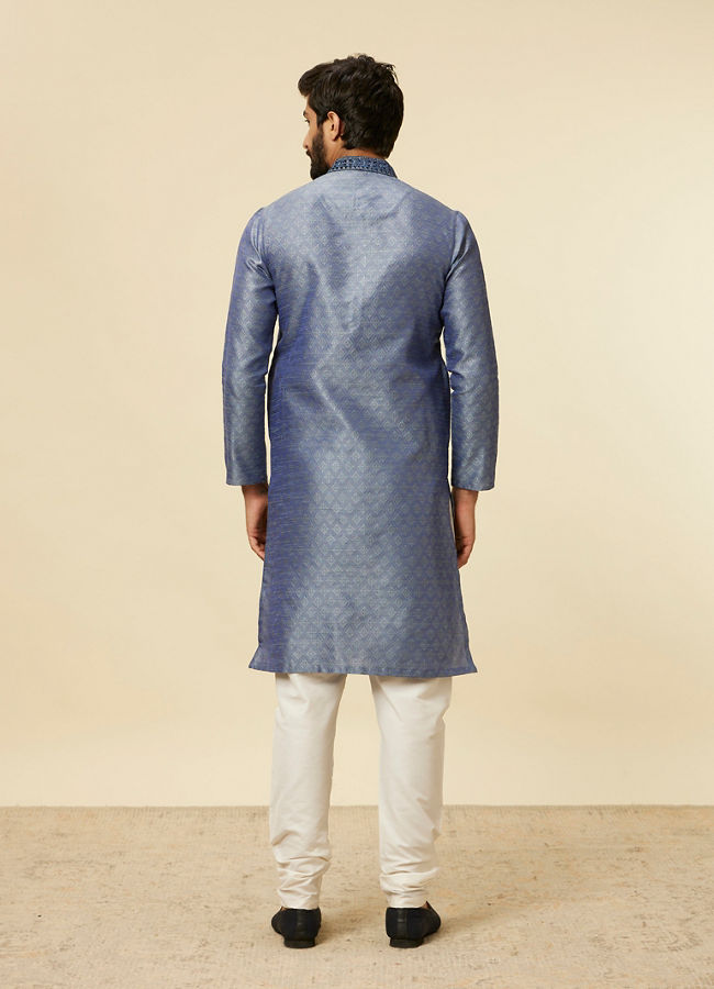 alt message - Manyavar Men Mid Blue Buta Diamond Patterned Kurta Set image number 5