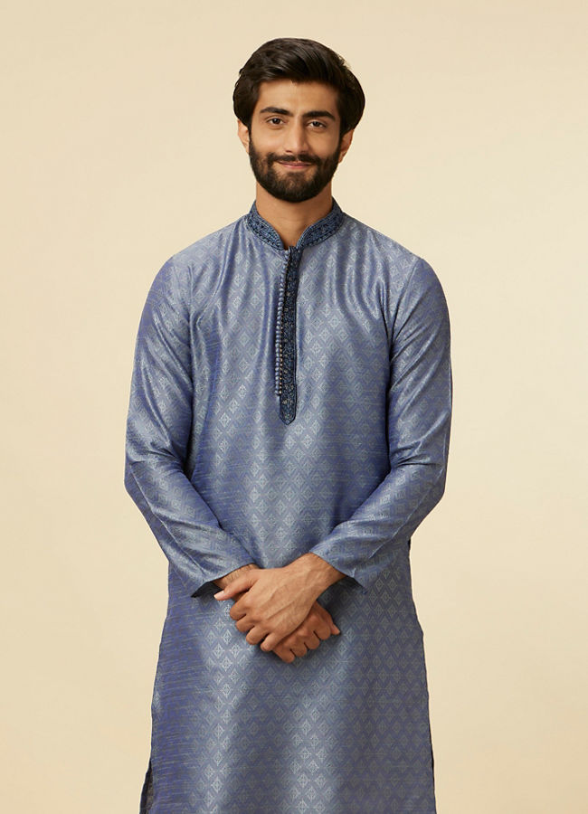 alt message - Manyavar Men Mid Blue Buta Diamond Patterned Kurta Set image number 0