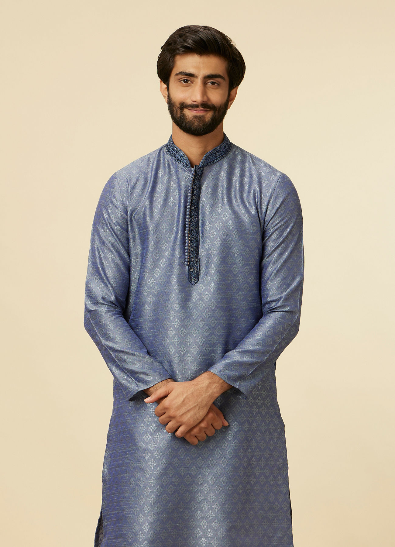 Manyavar Men Mid Blue Buta Diamond Patterned Kurta Set