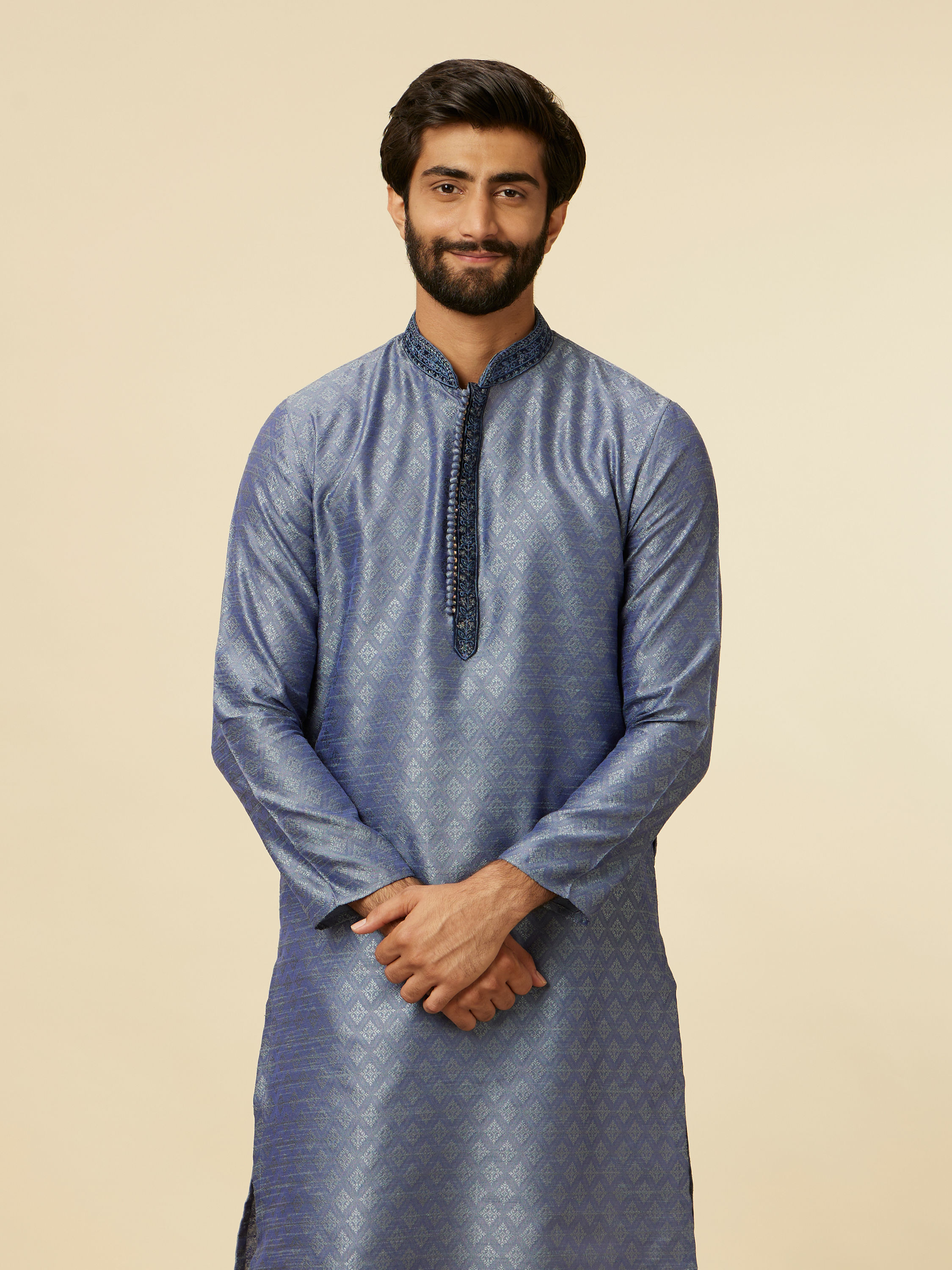 Manyavar Men Mid Blue Buta Diamond Patterned Kurta Set