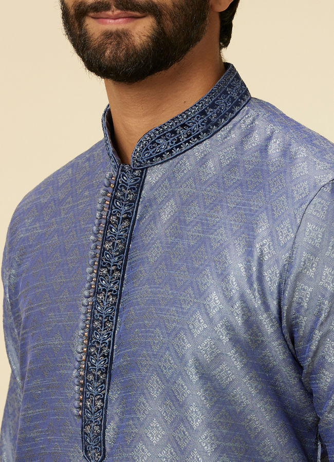 alt message - Manyavar Men Mid Blue Buta Diamond Patterned Kurta Set image number 1