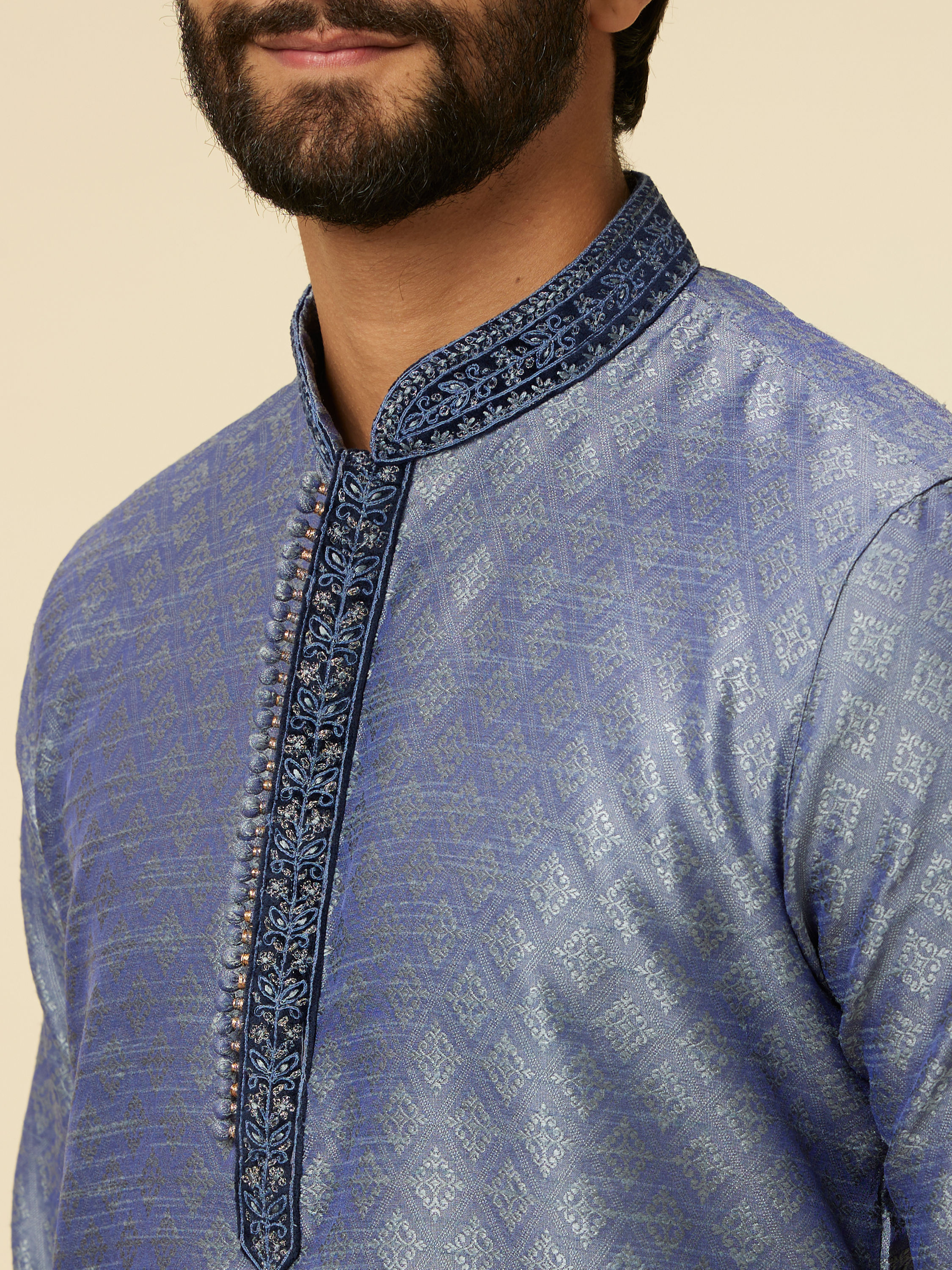 Manyavar Men Mid Blue Buta Diamond Patterned Kurta Set